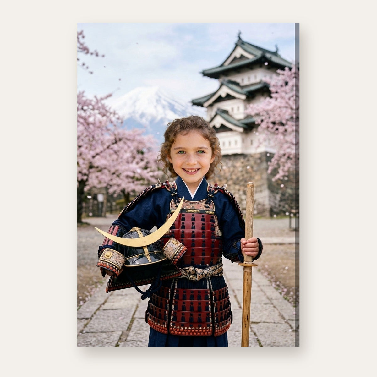 Another example: a different child as a young samurai under cherry blossoms