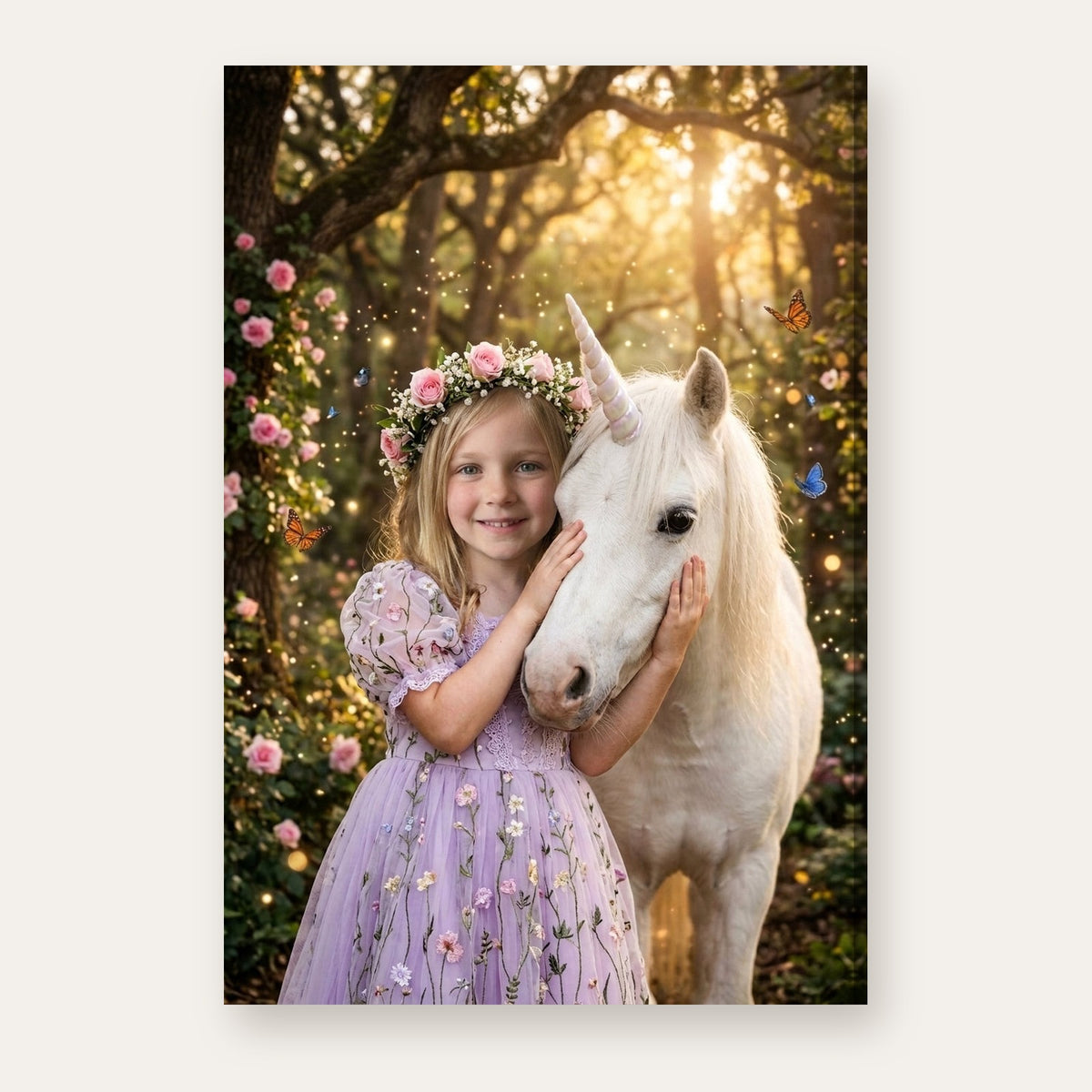 Another example: a different child as a princess hugging a white unicorn in an enchanted forest