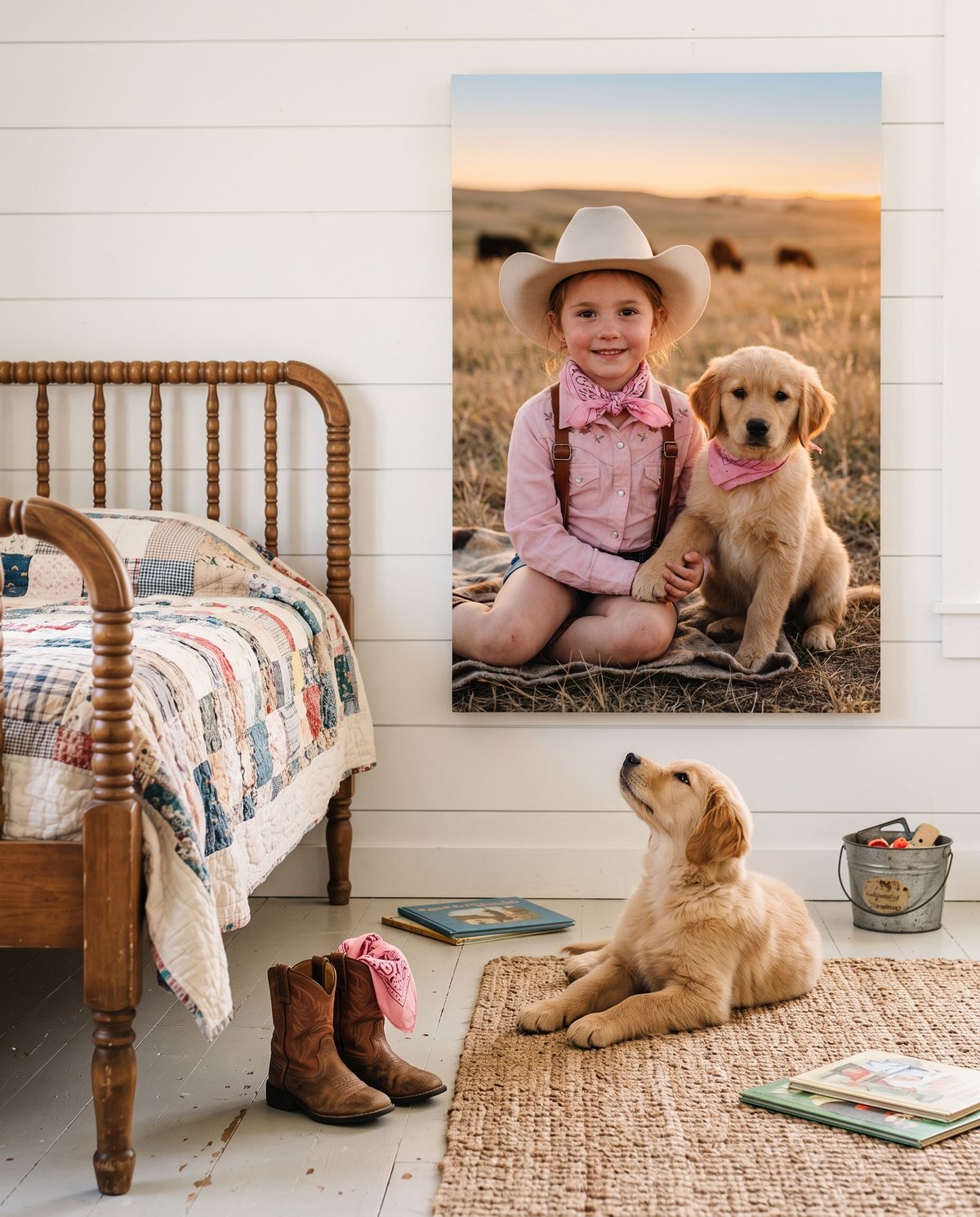 Canvas of a cowgirl and her golden retriever puppy above a bedroom rug, with the real puppy lying underneath