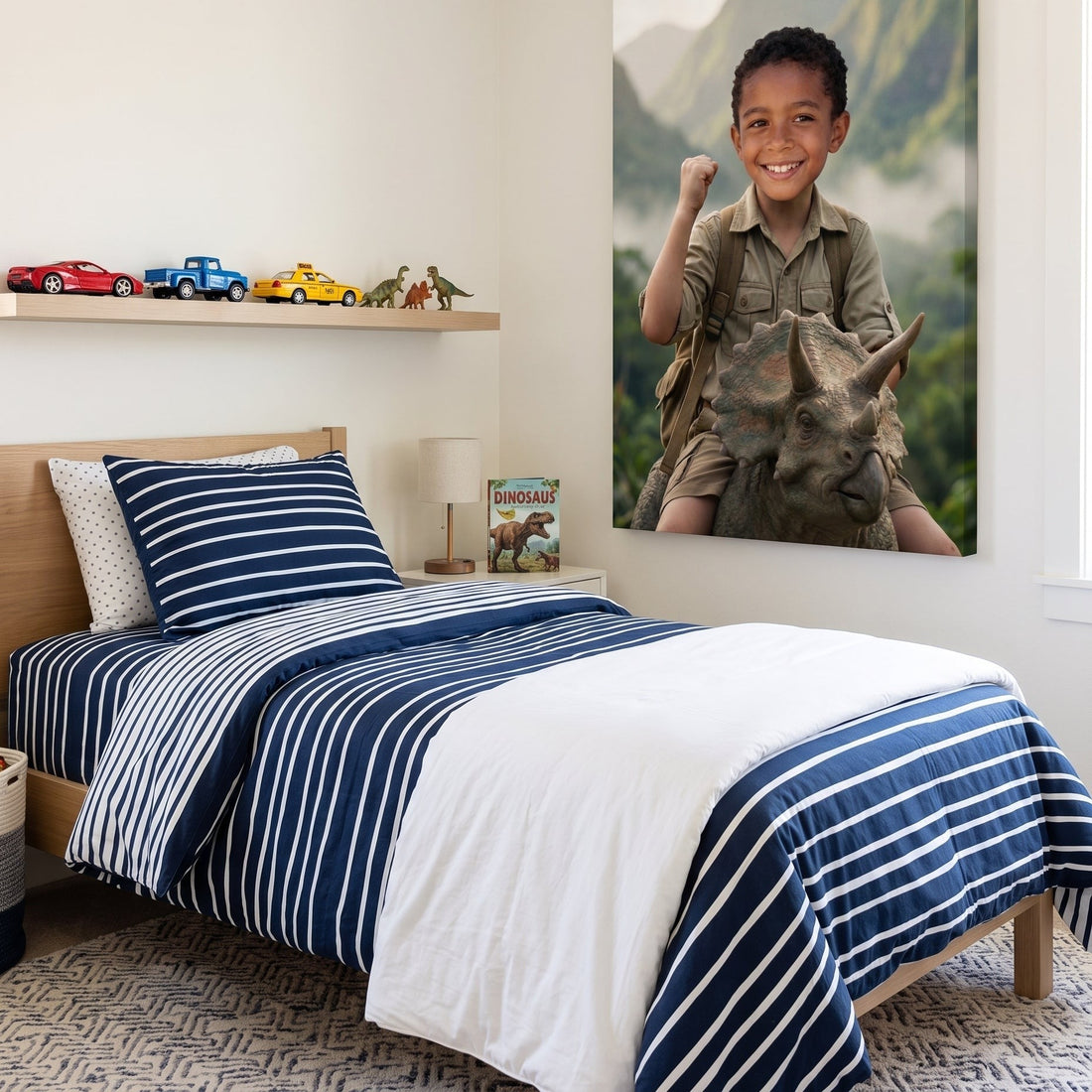 Canvas portrait of a child exploring alongside a triceratops, hanging on a wall at home