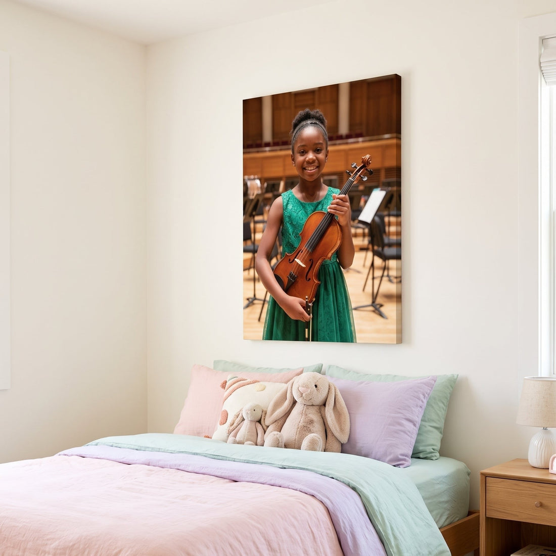 Classical Violinist canvas portrait of a child playing the violin, hanging on a wall at home