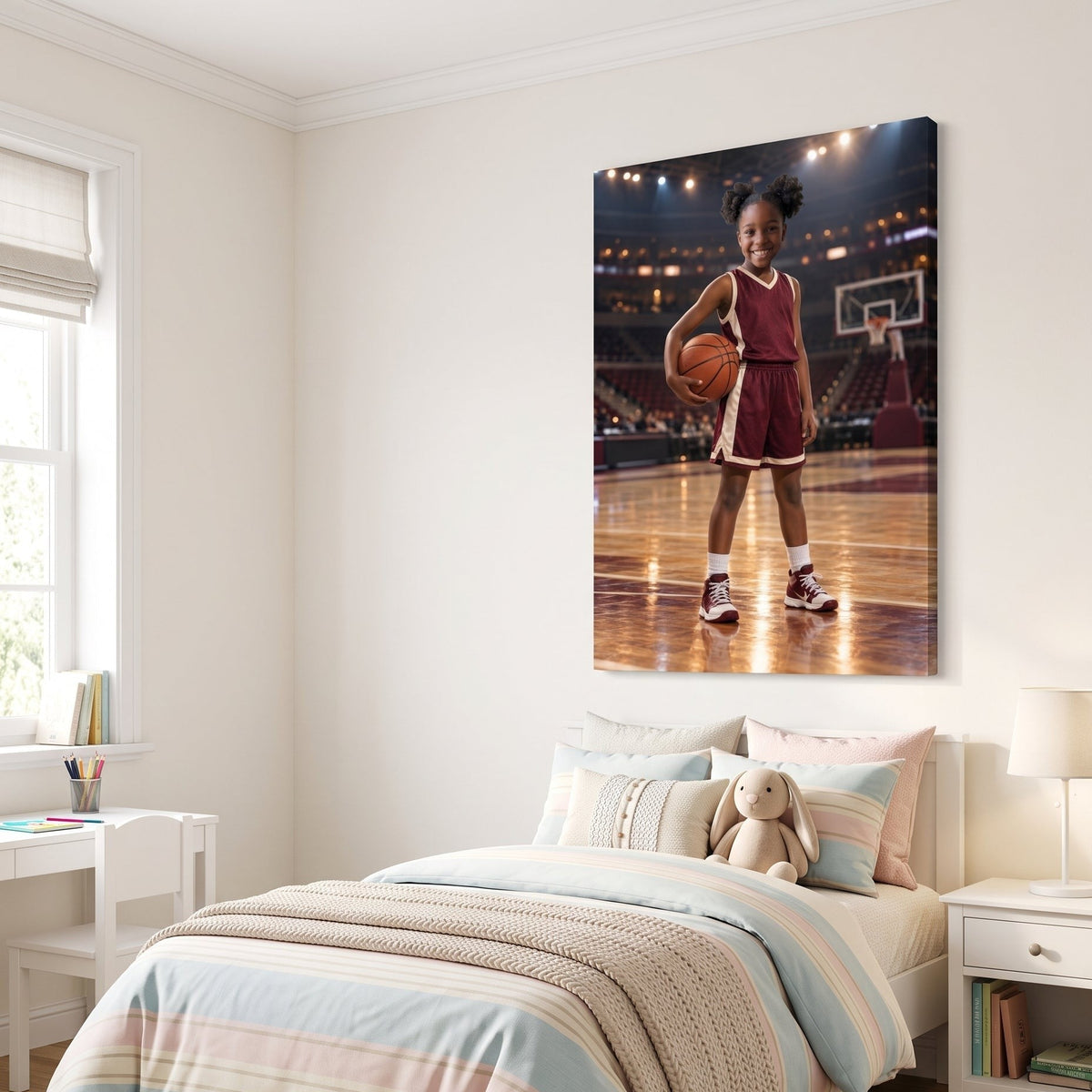 A tall canvas of a girl in a maroon basketball uniform on an arena court, hung beside a twin bed in a bright bedroom