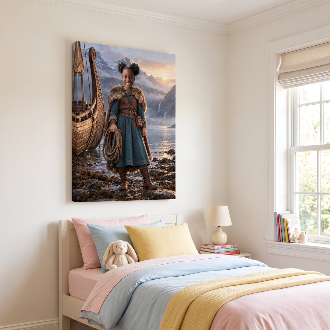 Nordic Explorer canvas portrait of a child in a snowy northern scene, hanging on a wall at home