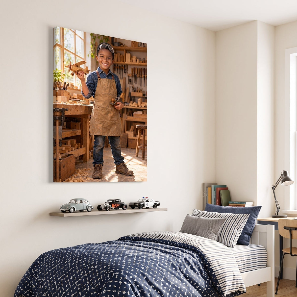 Master Carpenter canvas portrait of a child at a woodworking bench, hanging on a wall at home