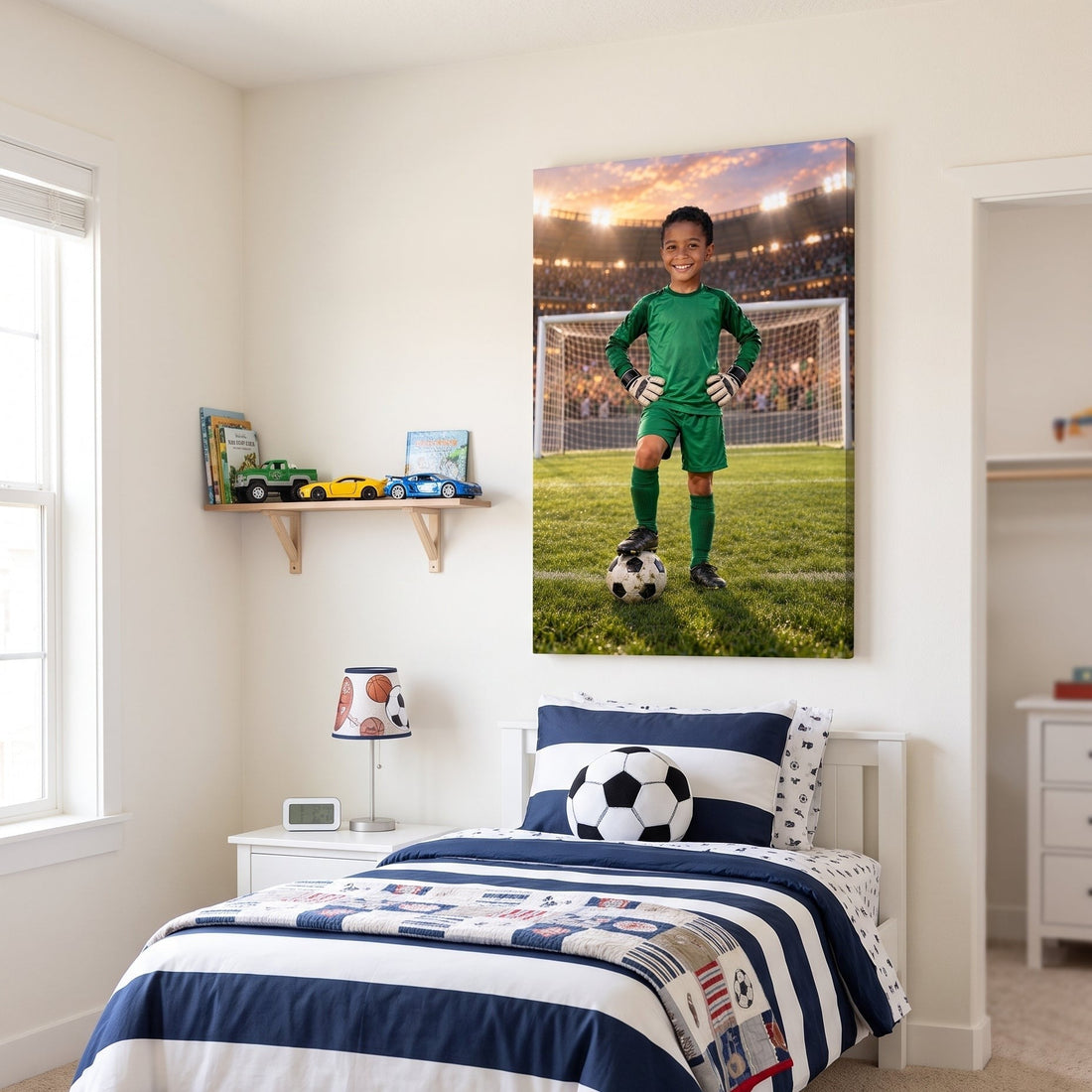 Canvas of a boy as a soccer goalkeeper in a stadium, hung over a striped twin bed next to a small shelf of toy cars and books