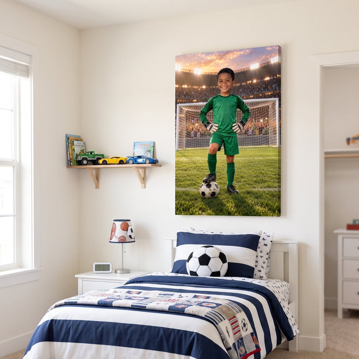 Canvas of a boy as a soccer goalkeeper in a stadium, hung over a striped twin bed next to a small shelf of toy cars and books