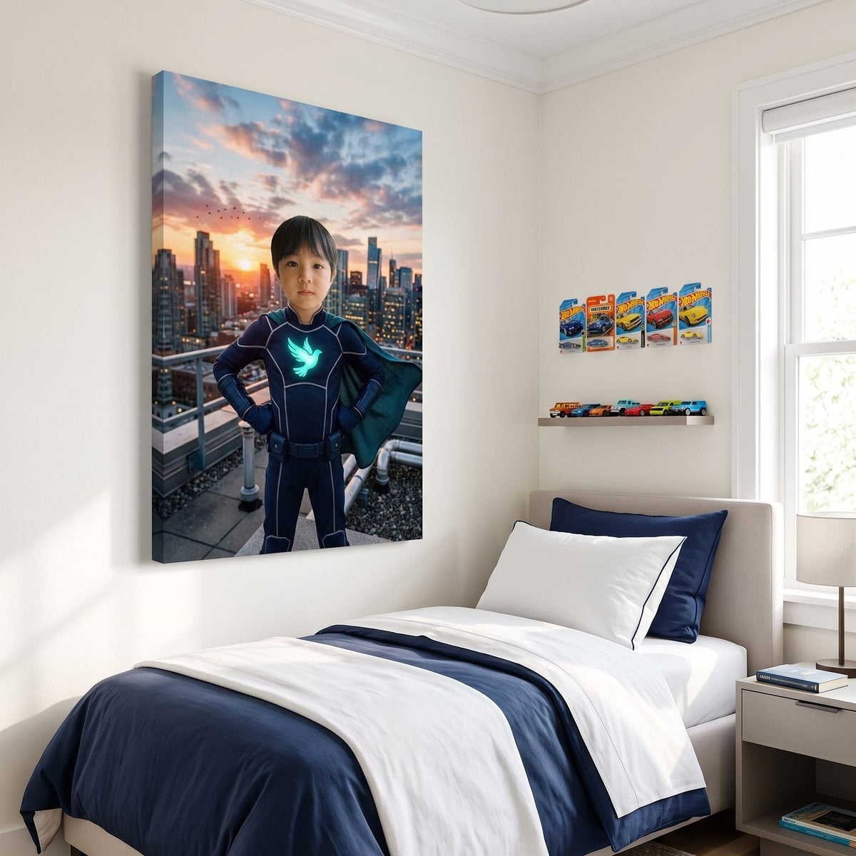 City Guardian canvas portrait of a child as a superhero on a city rooftop, hanging in a child's bedroom