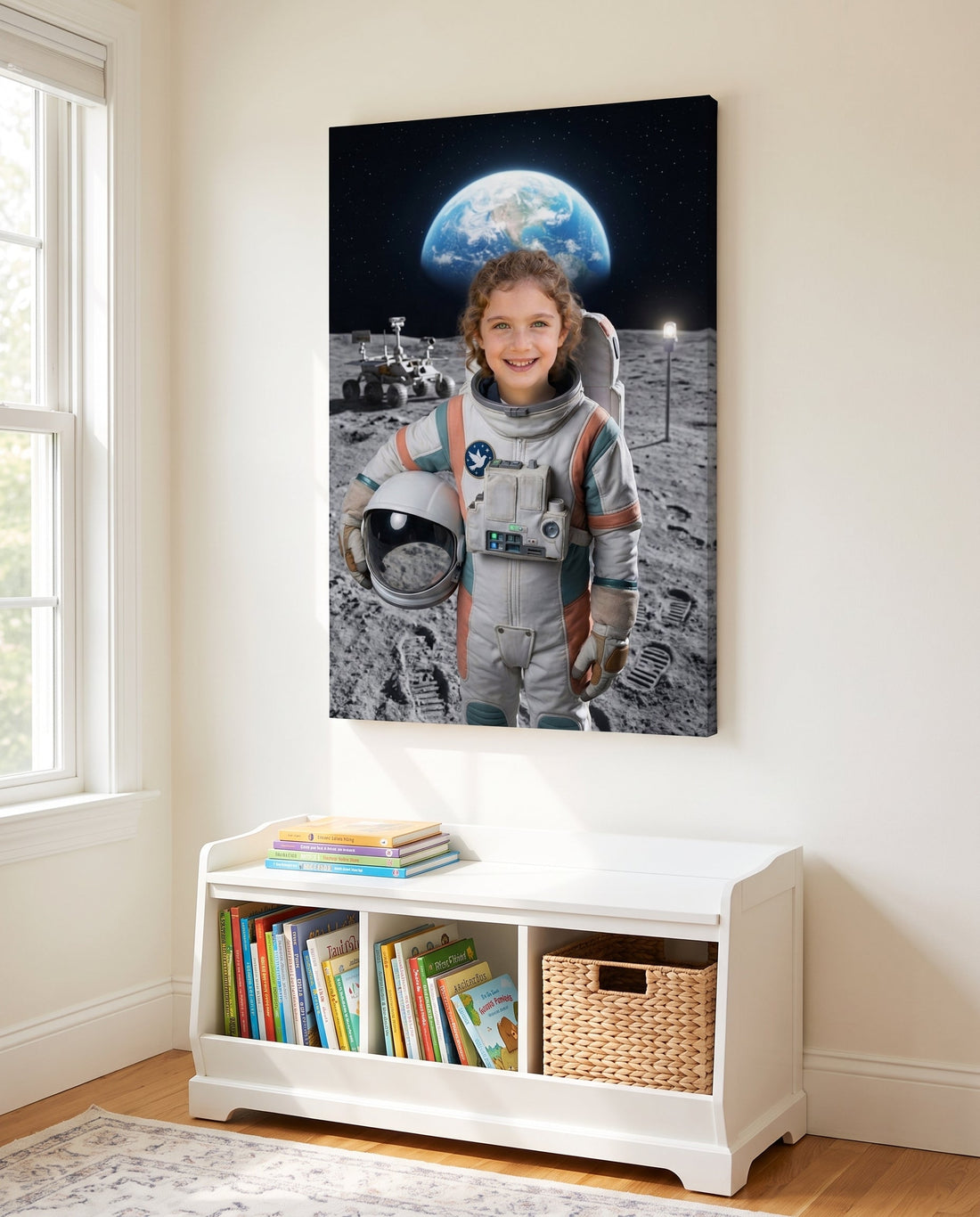 Moonwalk Explorer canvas portrait of a child as an astronaut, hanging in a child's bedroom