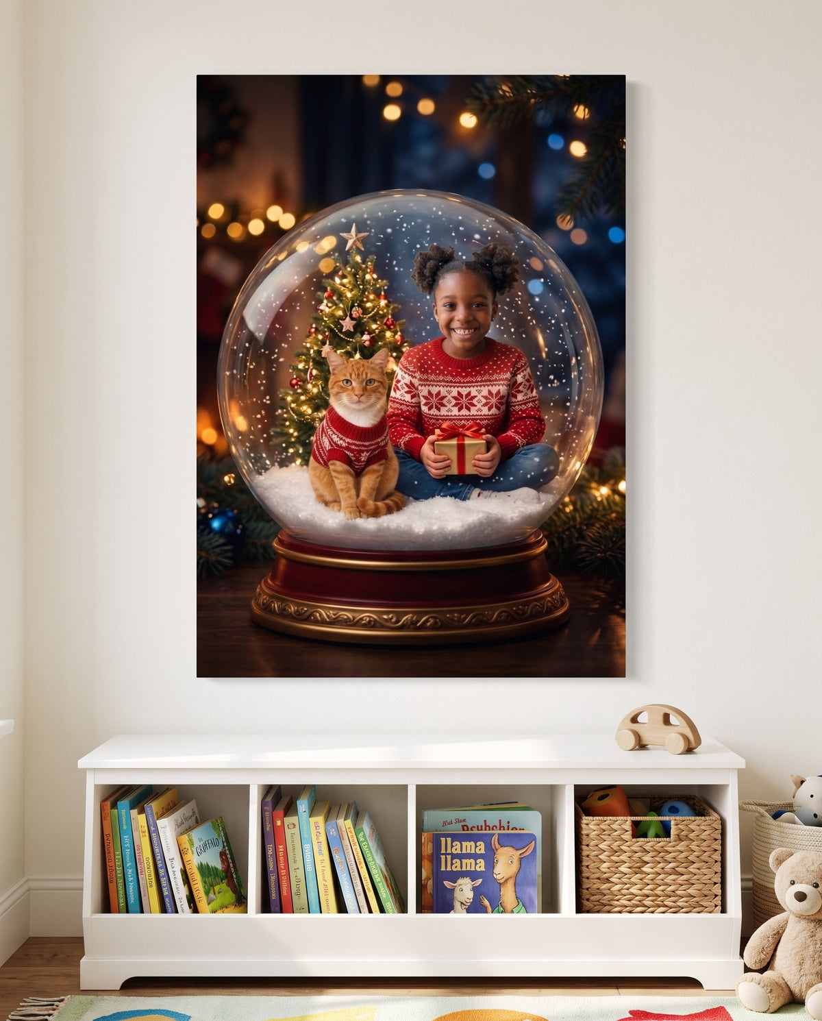 Snow Globe Christmas canvas portrait of a child and their dog, hanging on a living room wall