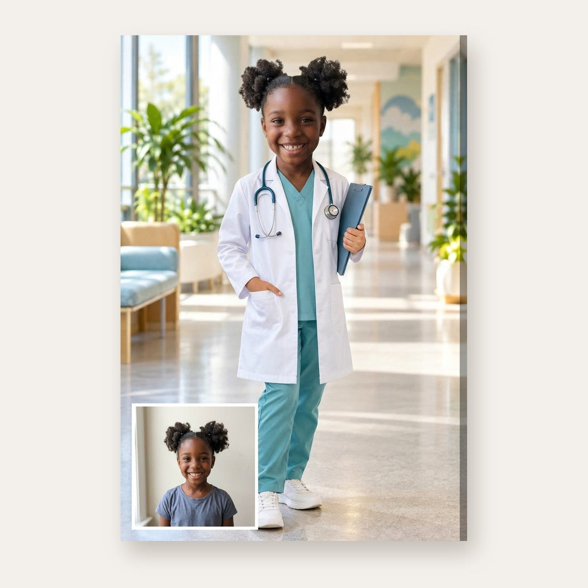 A child's everyday photo next to the finished Future Doctor portrait made from it