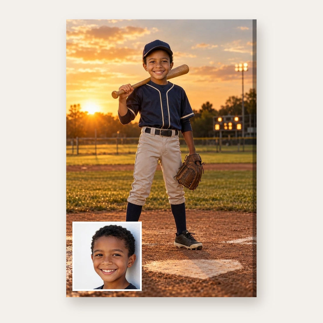 A child's phone photo next to the Baseball Champion portrait made from it