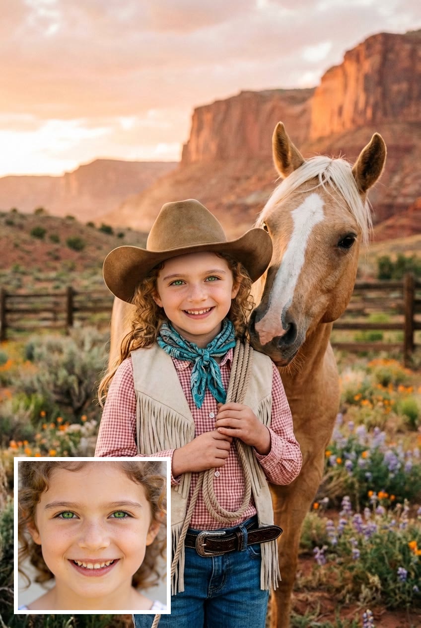 A child's everyday photo next to the finished cowgirl portrait made from it