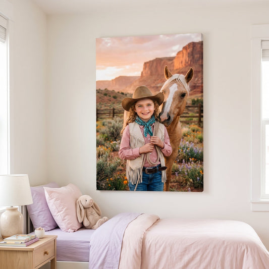 Canvas portrait of a child as a cowgirl with a palomino horse at sunset, hanging in a child's bedroom