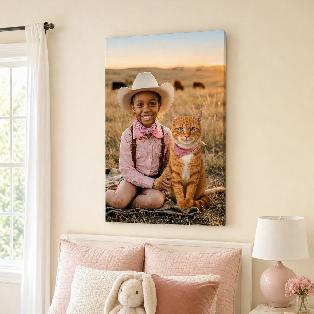 Prairie Cowgirl & Pup canvas portrait hanging on a wall at home