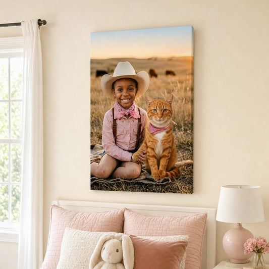 Prairie Cowgirl & Pup canvas portrait hanging on a wall at home