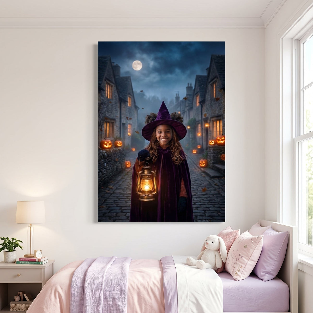 Moonlit Little Witch canvas portrait hanging on a wall at home