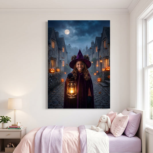 Moonlit Little Witch canvas portrait hanging on a wall at home