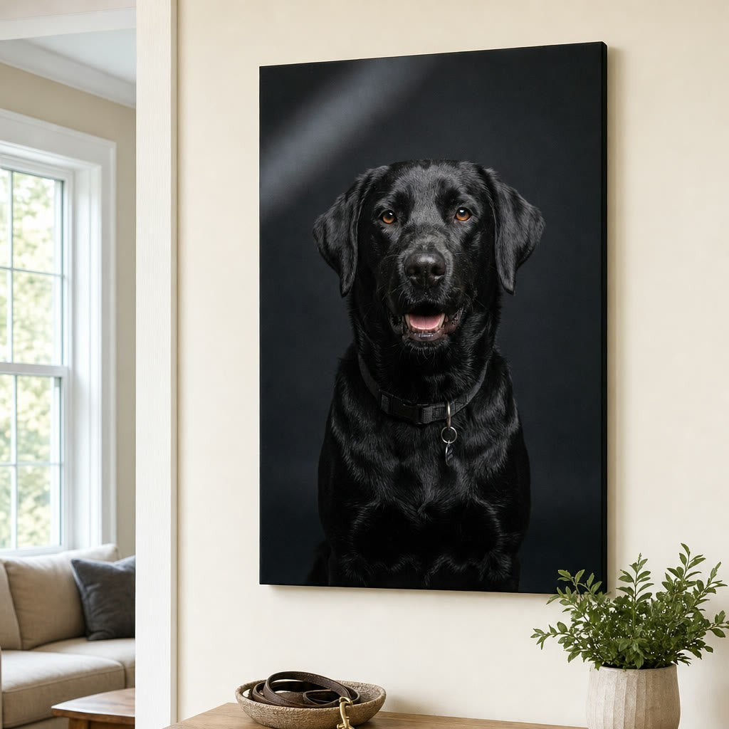 Modern Charcoal canvas portrait hanging on a wall at home