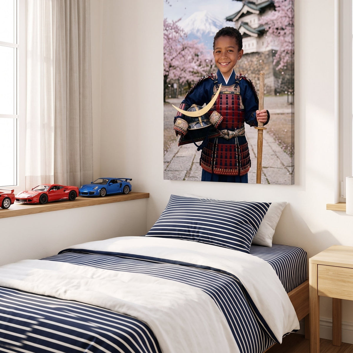 Canvas portrait of a child as a young samurai under cherry blossoms, hanging in a child's bedroom