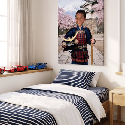 Canvas portrait of a child as a young samurai under cherry blossoms, hanging in a child's bedroom