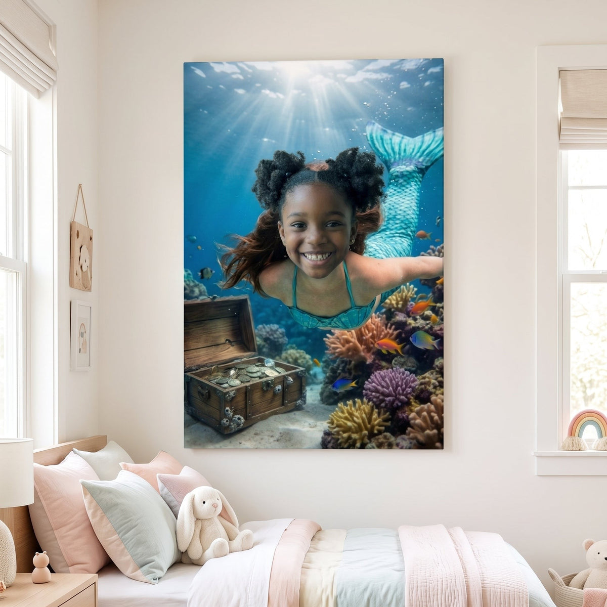 Coral Reef Mermaid canvas portrait hanging on a wall at home