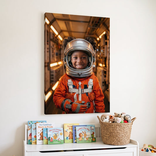 Galaxy Astronaut canvas portrait hanging on a wall at home