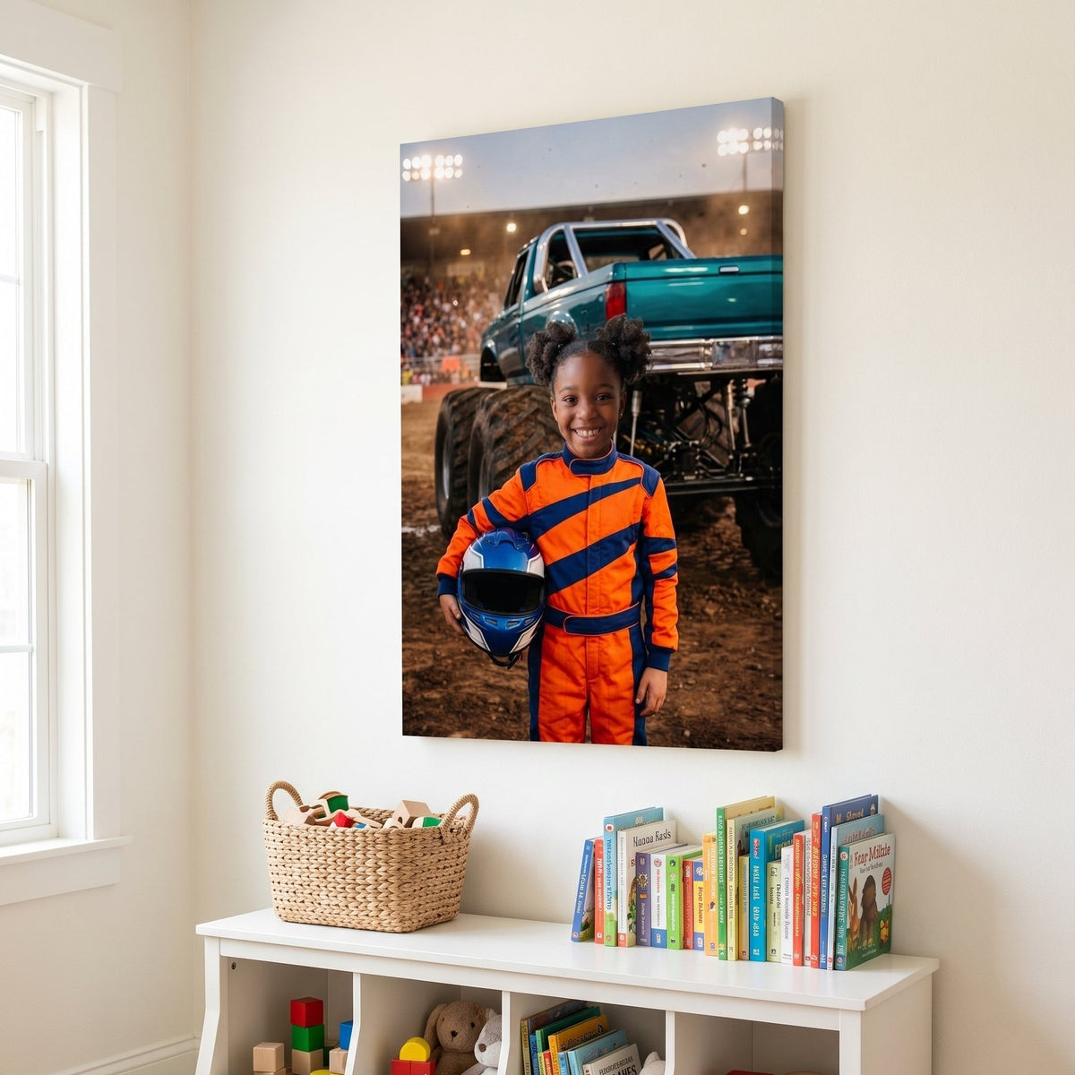 Canvas portrait of a child as a monster truck driver in the arena, hanging in a child's bedroom