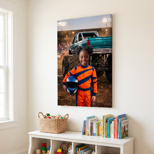 Canvas portrait of a child as a monster truck driver in the arena, hanging in a child's bedroom