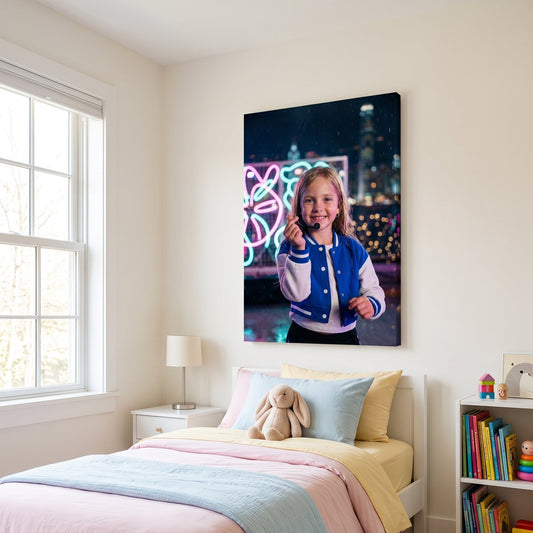 Canvas portrait of a child as a dance-pop idol on a neon-lit rooftop, hanging in a child's bedroom