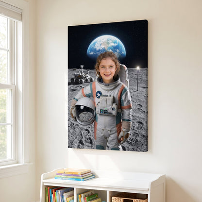 Canvas portrait of a child as an astronaut on the Moon, hanging in a child's bedroom