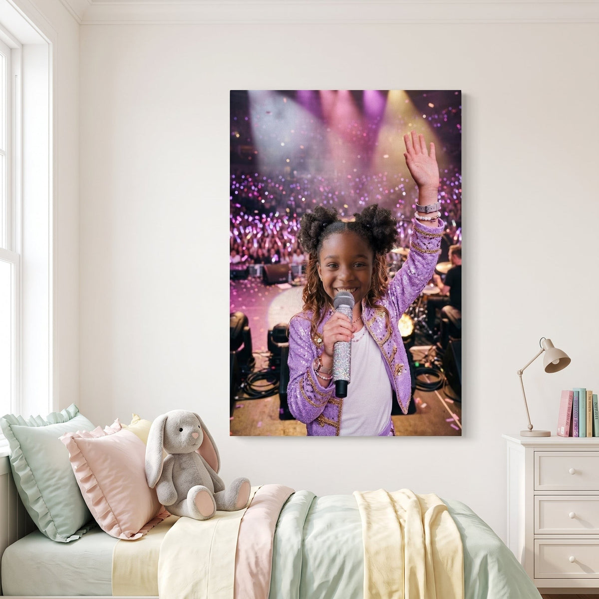 Canvas portrait of a child as a pop star singing on a concert stage, hanging in a child's bedroom
