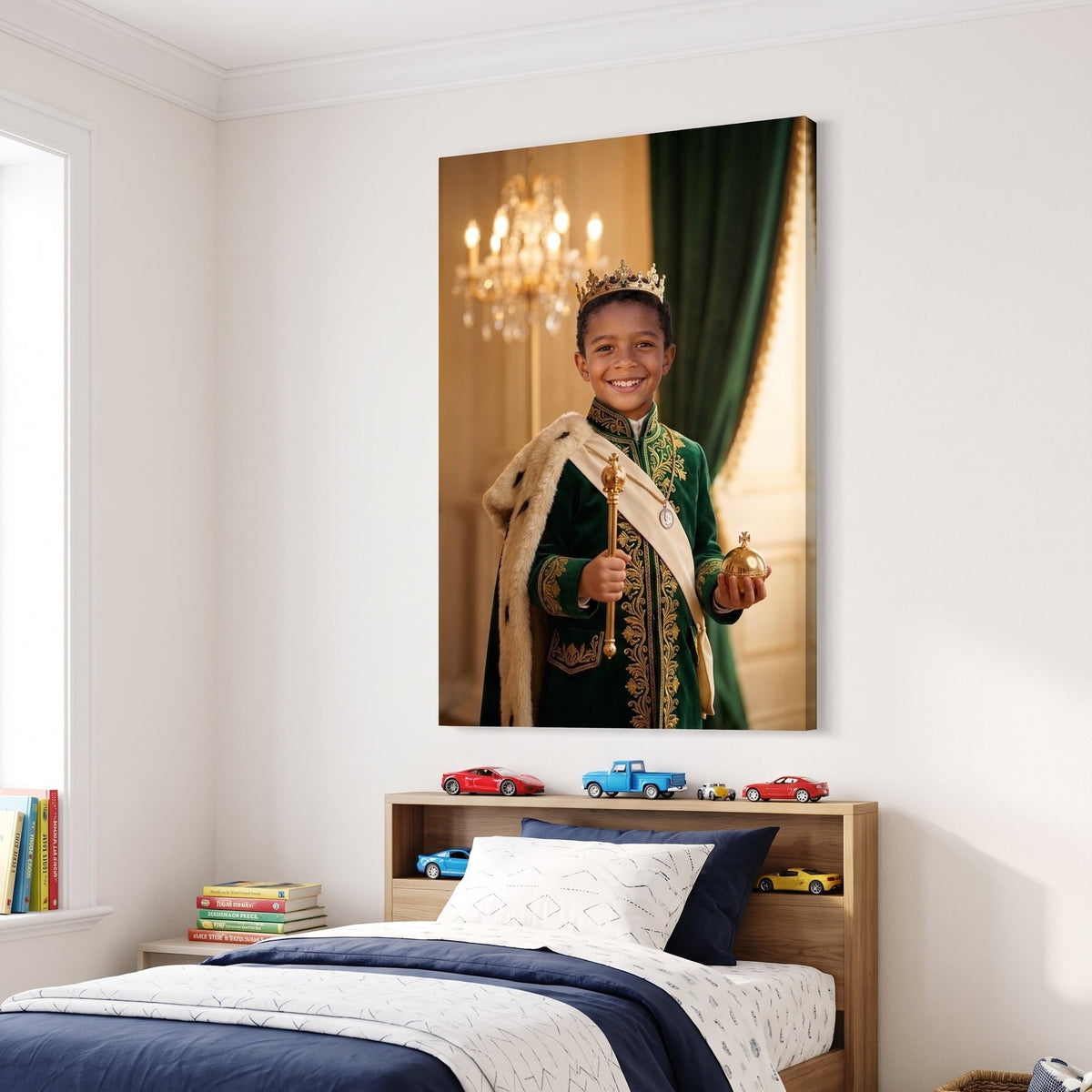 The Golden Admiral King canvas portrait hanging on a wall at home