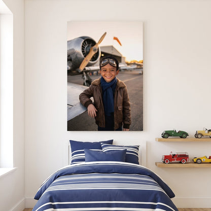 Young Aviator canvas portrait hanging on a wall at home