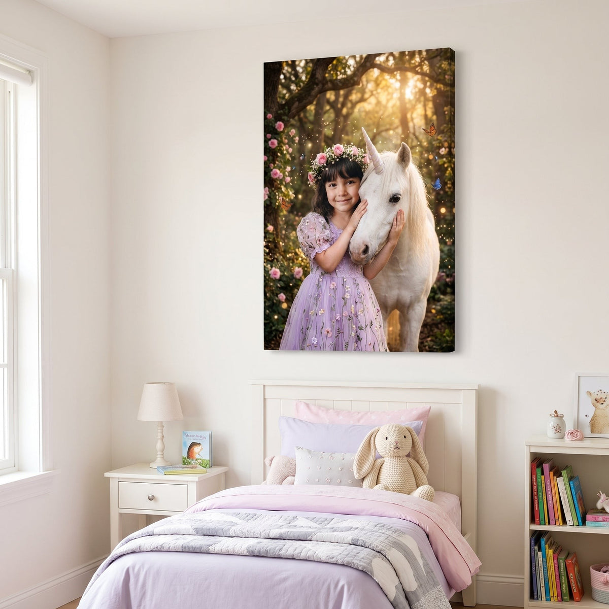 Canvas portrait of a child as a princess hugging a white unicorn in an enchanted forest, hanging in a child's bedroom