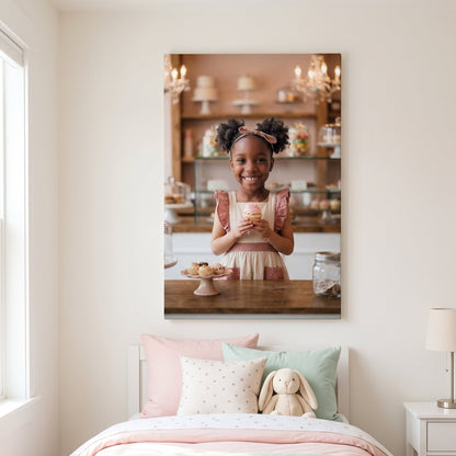 Little Pastry Shop Owner canvas portrait hanging on a wall at home