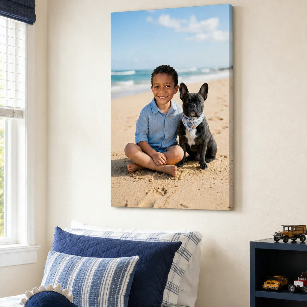 Beach Day Buddies canvas portrait hanging on a wall at home