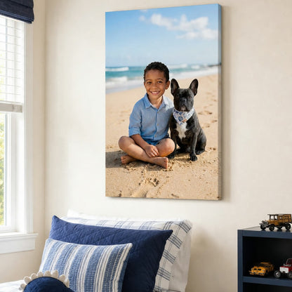 Beach Day Buddies canvas portrait hanging on a wall at home