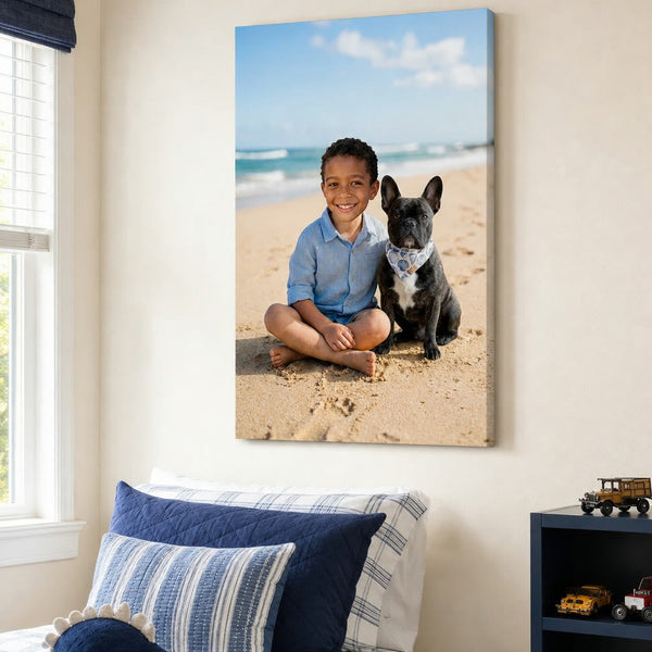 Beach Day Buddies canvas portrait hanging on a wall at home