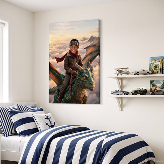 Canvas portrait of a child as a dragon rider above sunrise clouds, hanging in a child's bedroom