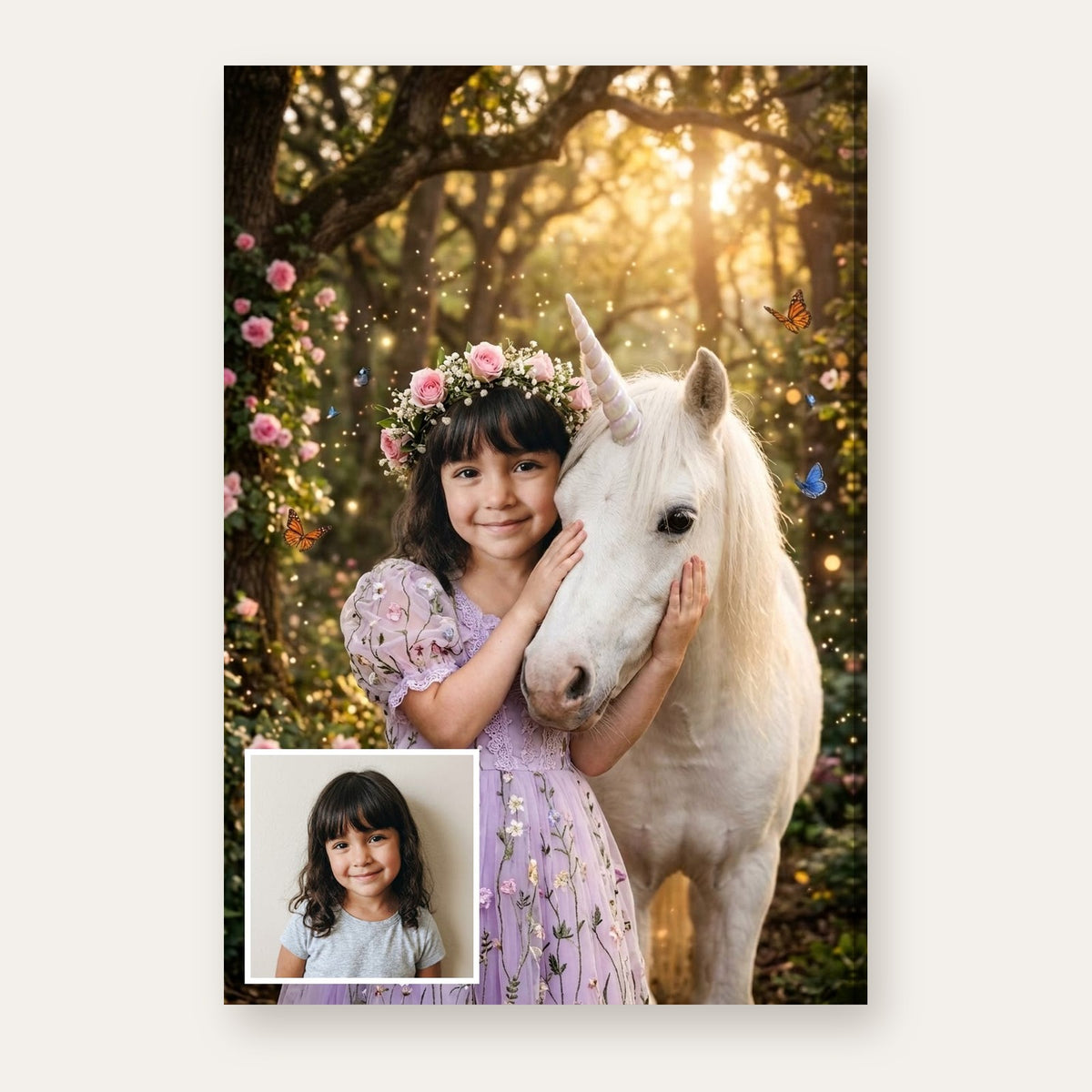 From a child's photo to a portrait of a princess hugging a white unicorn in an enchanted forest