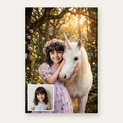 From a child's photo to a portrait of a princess hugging a white unicorn in an enchanted forest