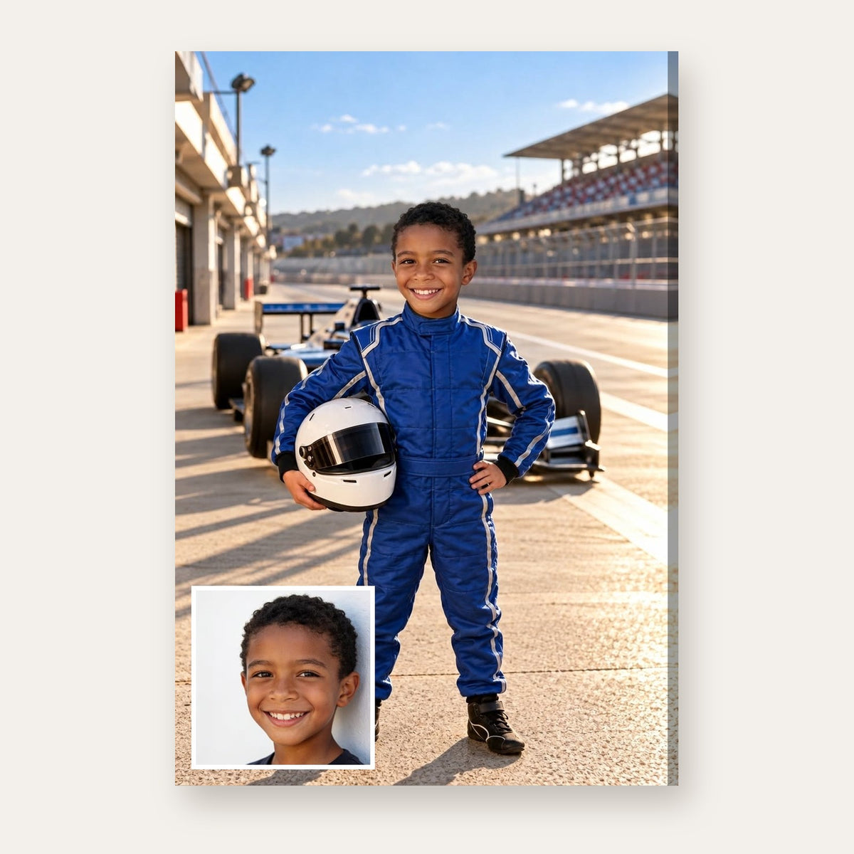 Another example of the Junior Grand Prix Driver portrait, as a junior grand-prix driver in a cobalt racing suit