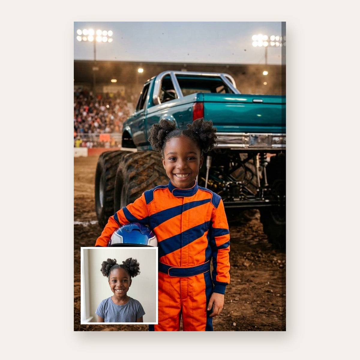 From a child's photo to a portrait of a monster truck driver in the arena