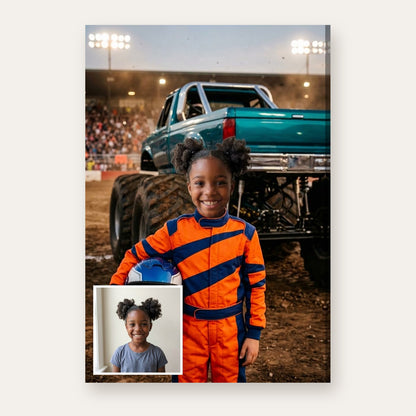 From a child's photo to a portrait of a monster truck driver in the arena