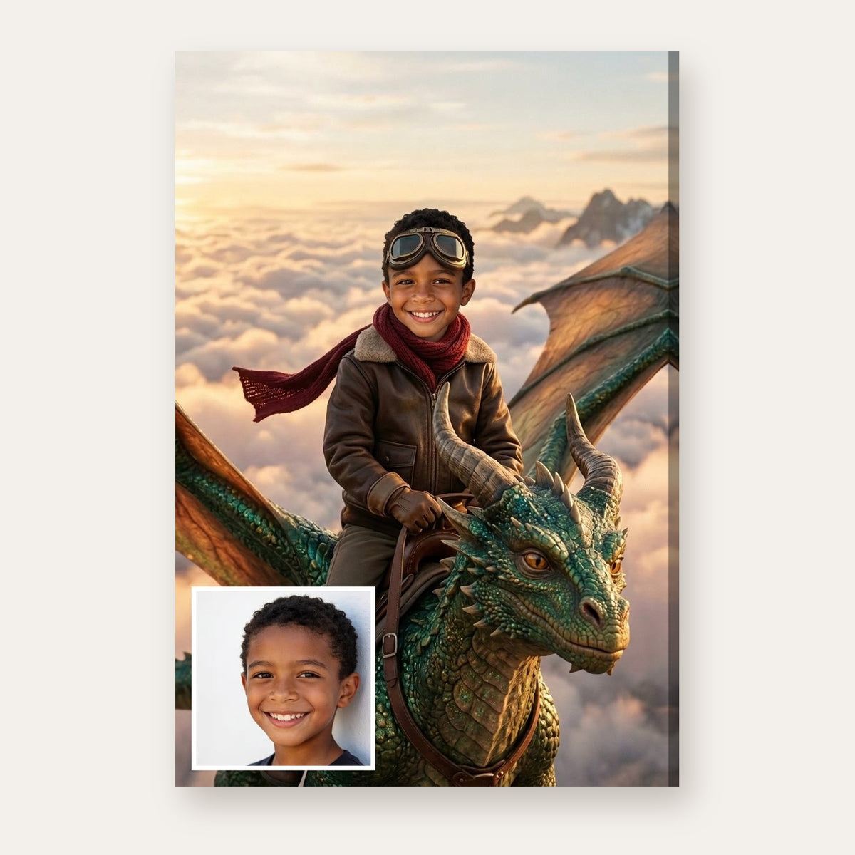 From a child's photo to a portrait of a dragon rider above sunrise clouds