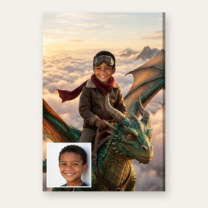 From a child's photo to a portrait of a dragon rider above sunrise clouds