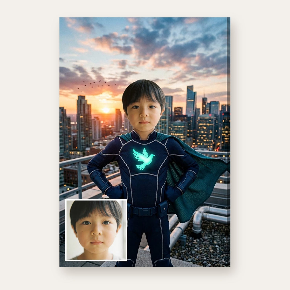 From a child's photo to a portrait of a superhero on a city rooftop at sunset