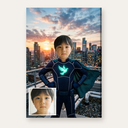 From a child's photo to a portrait of a superhero on a city rooftop at sunset