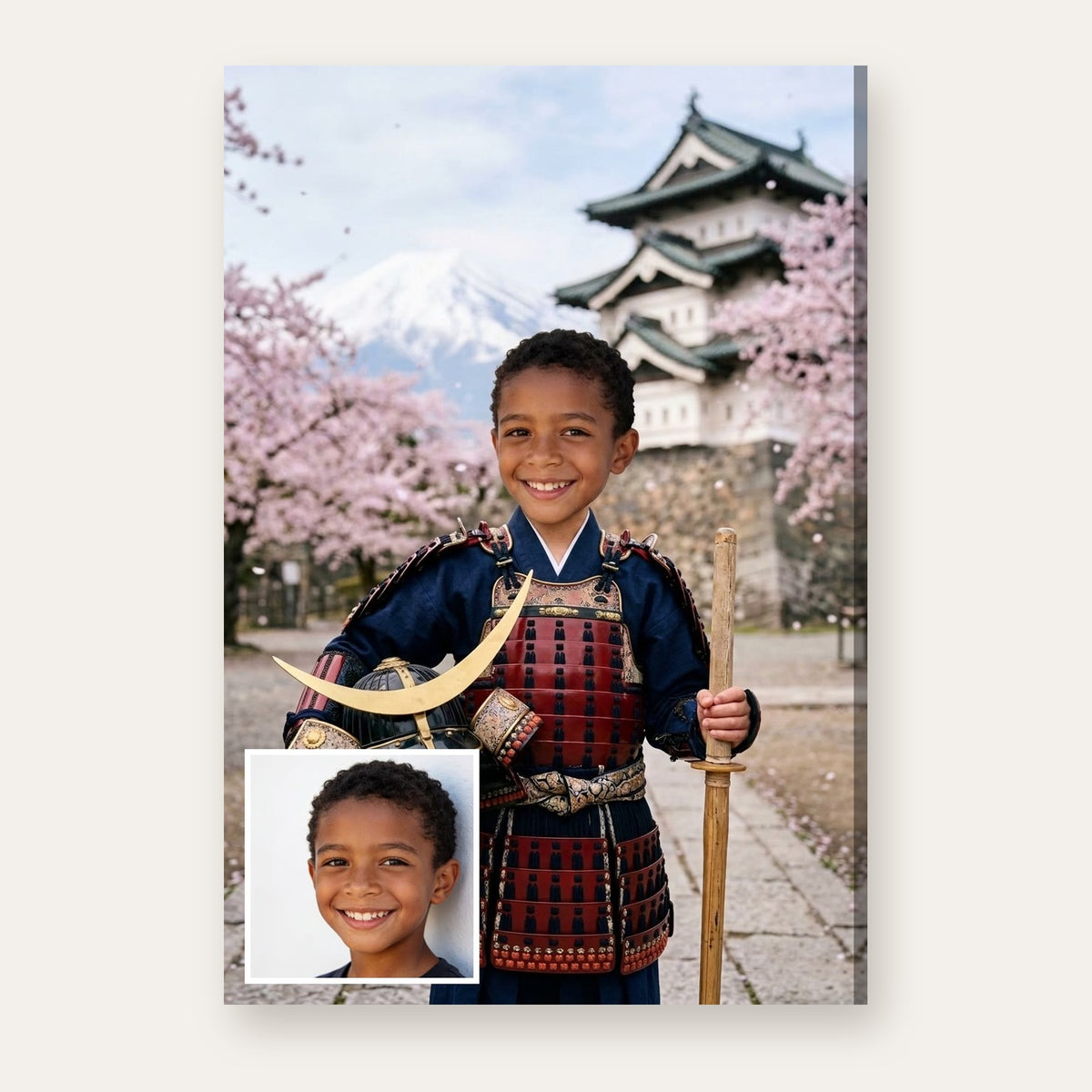 From a child's photo to a portrait of a young samurai under cherry blossoms