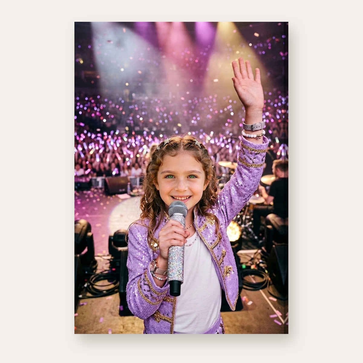 Another example: a different child as a pop star singing on a concert stage